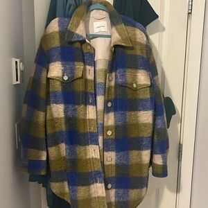 Aritzia Plaid Shacket in Olive Green, Royal Blue, Cream